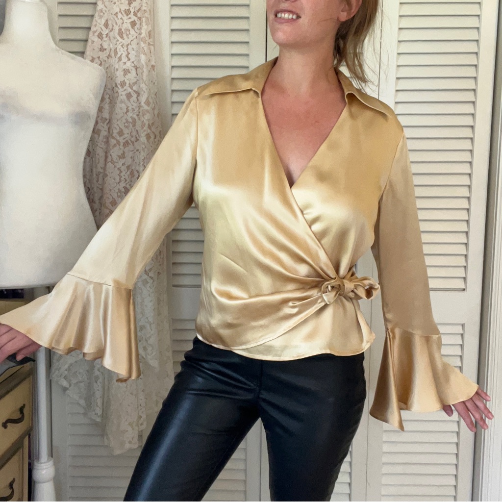 Silkland Luxurious 100% Silk Gold Wrap Blouse With Bell Sleeves - Size L
